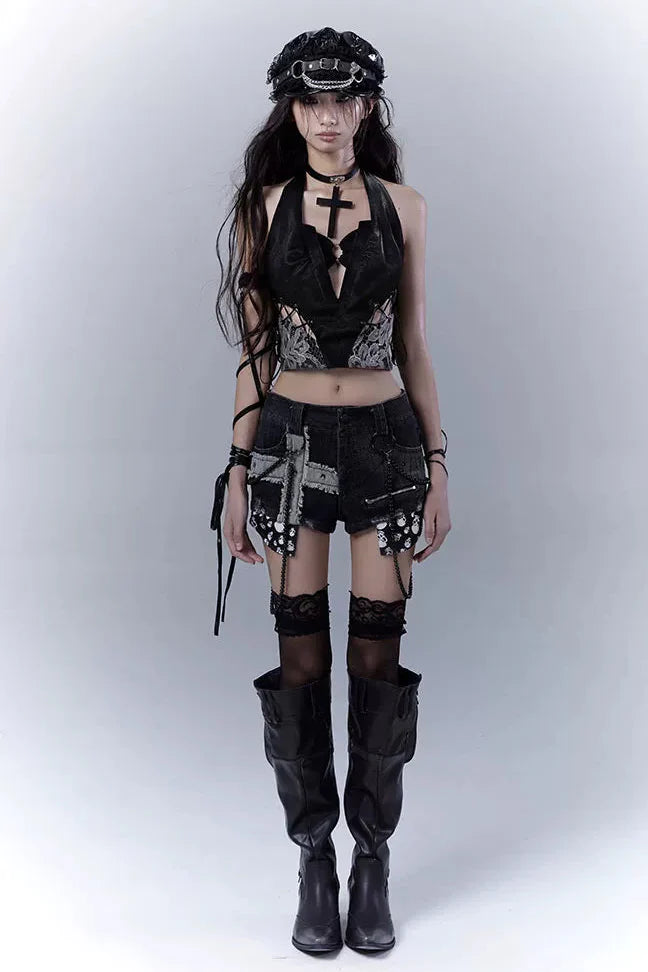 Dark Lace Patchwork Leather Camisole