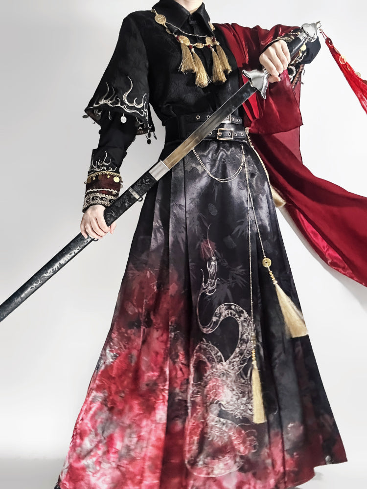 Fire China Long Coat + Top + Long Skirt