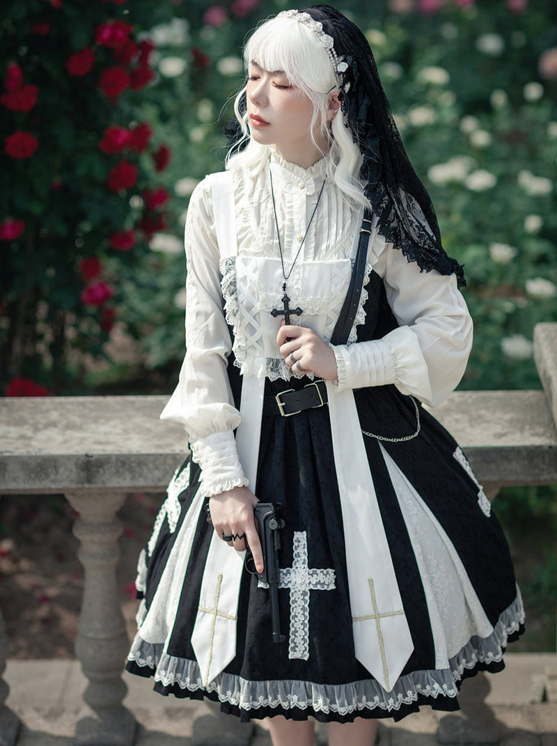 Cross Lolita Dress + Short Jacket + Headband + Veil + Collar