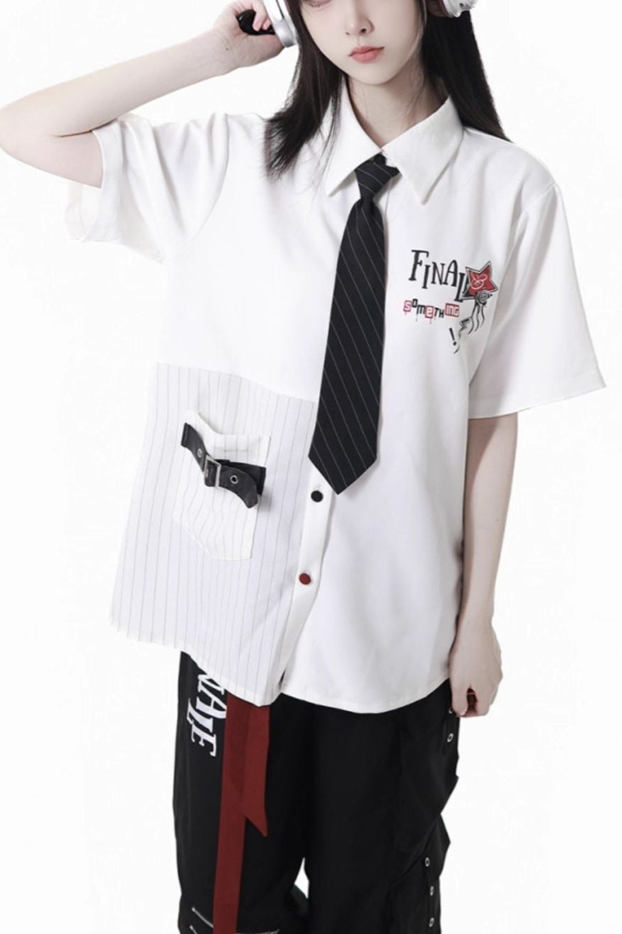 Contrast Shirt + Checkered Skirt + Black Skirt + Wide Pants + Tie