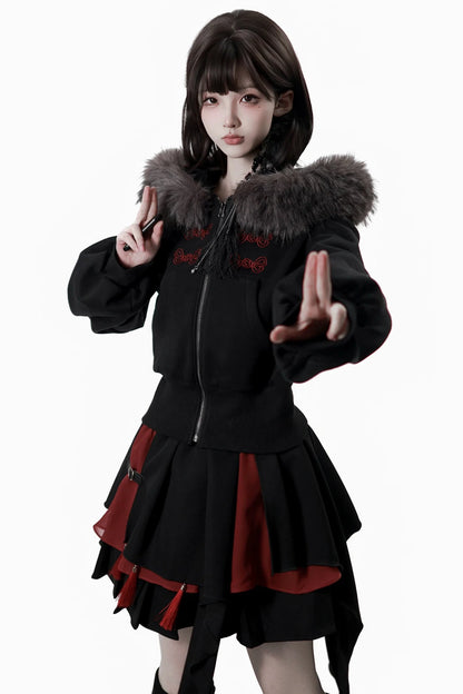 Dark Detachable Fur Jacket + Skirt + Pants