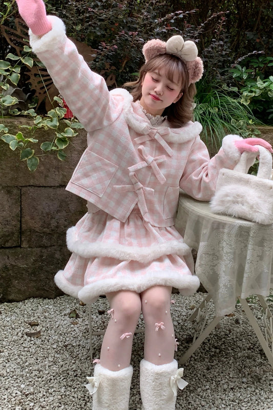 Peach Plaid Sweet Bow Coat + Plaid Tight Skirt + Fur Plaid Skirt
