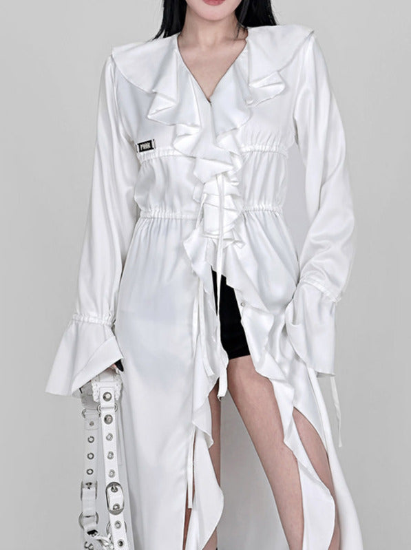 Cool Ruffle Tassel Drawstring Long Shirt Dress