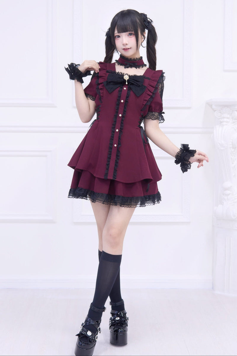 Jirai Stripe Lace Puff Sleeve Top + Short Skirt