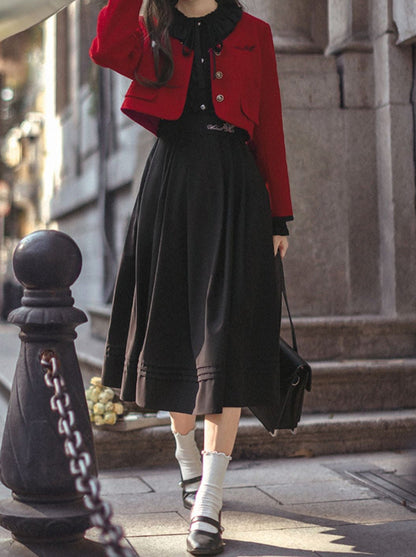 Retro Suit Red Short Jacket + Black Ruffle Lantern Sleeve Dress + Ribbon Tie