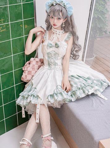 Punk Rock Halterneck Irregular Plaid Suspender Dress + Head Accessories