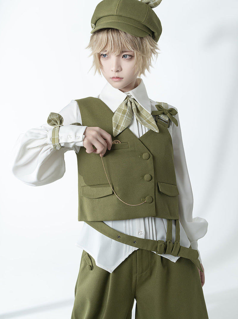 Secret Morning Post Green Tea Color Retro Sweet Cool Vest Shirt Cropped Pants