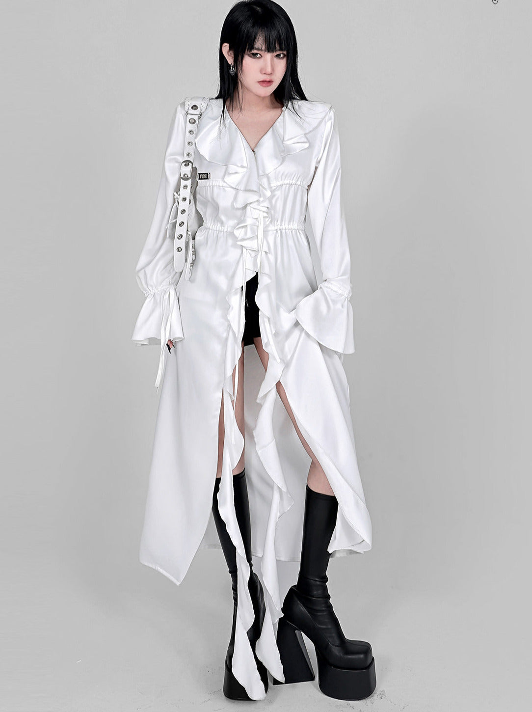 Cool Ruffle Tassel Drawstring Long Shirt Dress