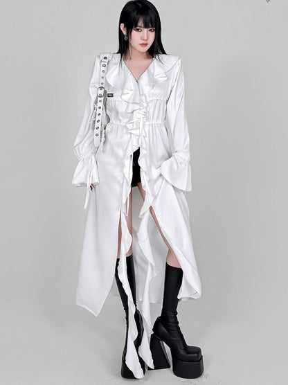 Cool Ruffle Tassel Drawstring Long Shirt Dress