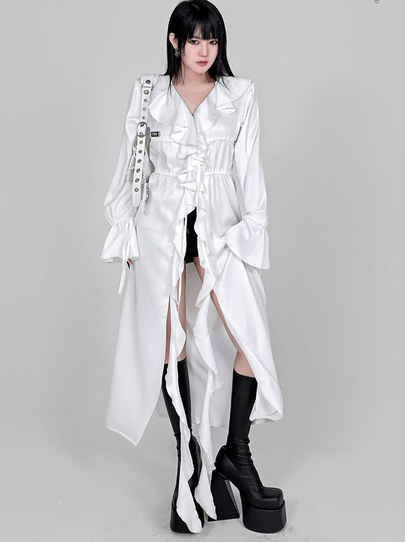 Cool Ruffle Tassel Drawstring Long Shirt Dress