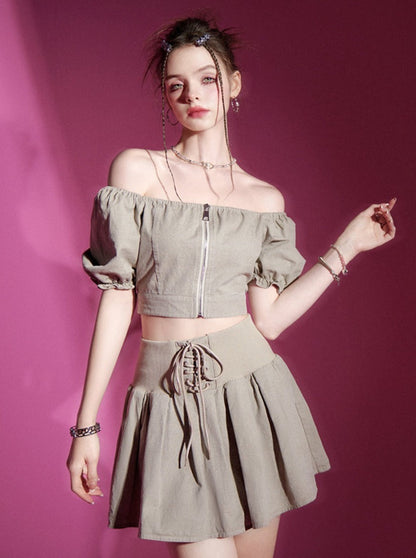 Puff Sleeve Top + Lace Up Skirt Set