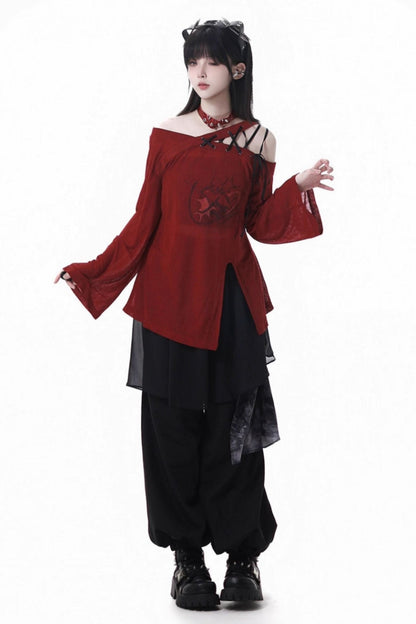 Paneled Mode Red Top + Mode Pants + Rose Belt