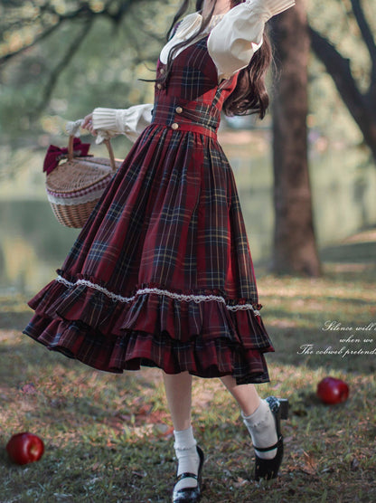 Little Red Riding Hood Cape Ribbon Coat + Pleated Collar Shirt + Plaid Tiered Dress + Head Scarf