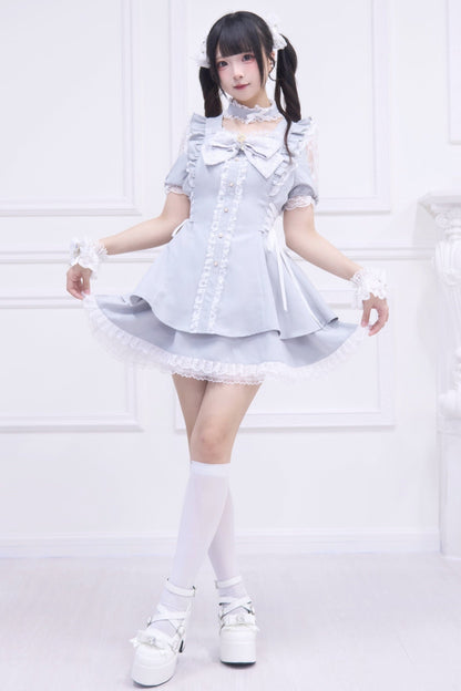 Jirai Stripe Lace Puff Sleeve Top + Short Skirt