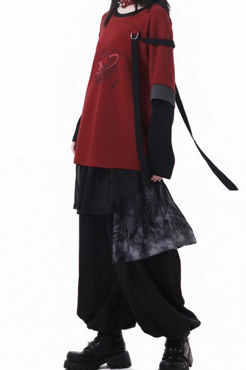 Paneled Mode Red Top + Mode Pants + Rose Belt
