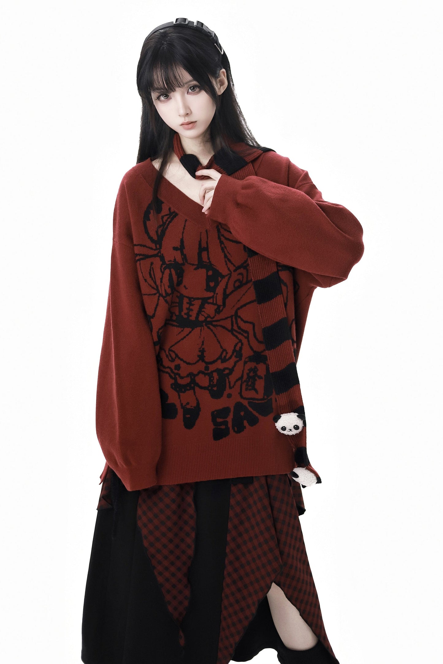 Chinese-style Illustration V Neck Knit Slim Sweater Design Shirt & Skirt Set