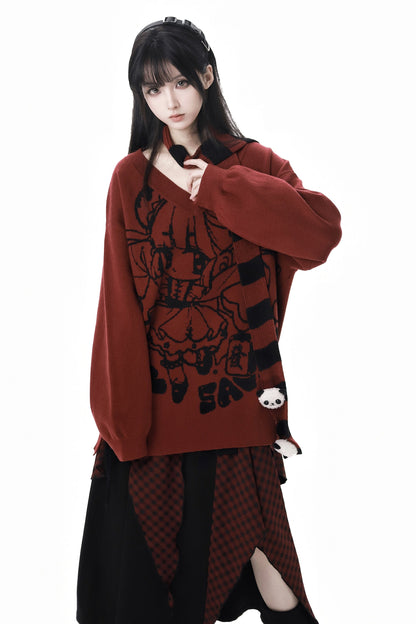 Chinese-style Illustration V Neck Knit Slim Sweater Design Shirt & Skirt Set