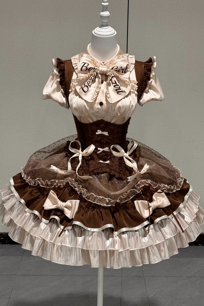 [order Deadline: May 12] Café Mocha Lolita Idol Ribbon Puff Sleeve Shirt + Corset Tulle Pull-up Jks Dress Set