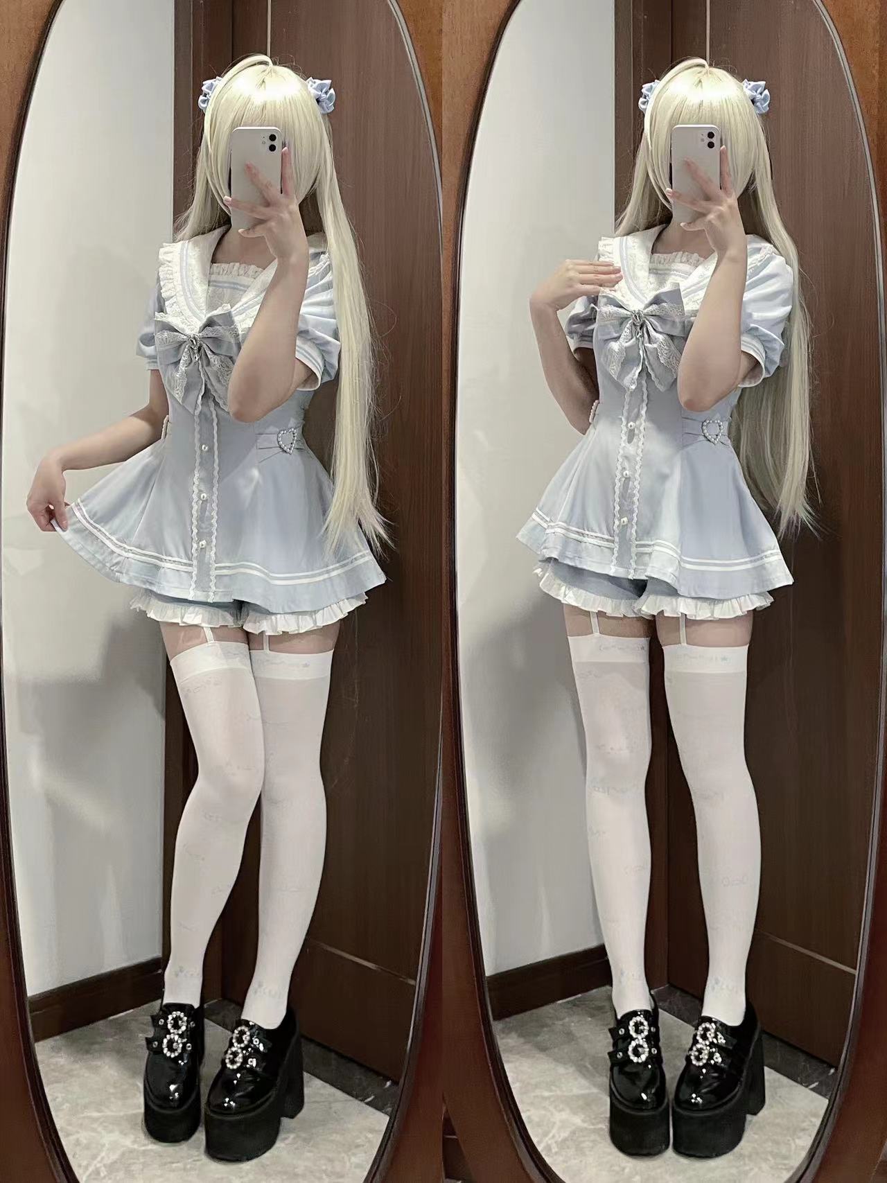 [pre-order] Sailor Collar Peplum Top + Shorts
