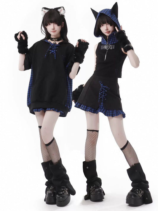 Blue Plaid Stitch Cat Ear Hoodie Summer Strap Design Suit