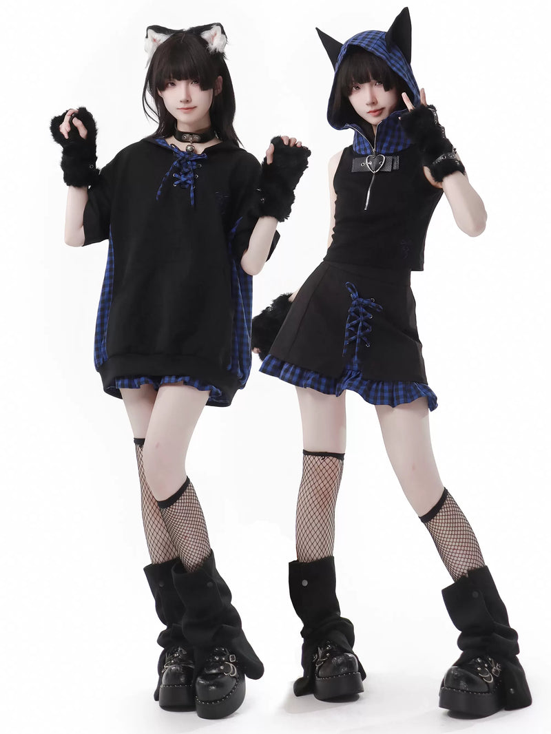 Blue Plaid Stitch Cat Ear Hoodie Summer Strap Design Suit