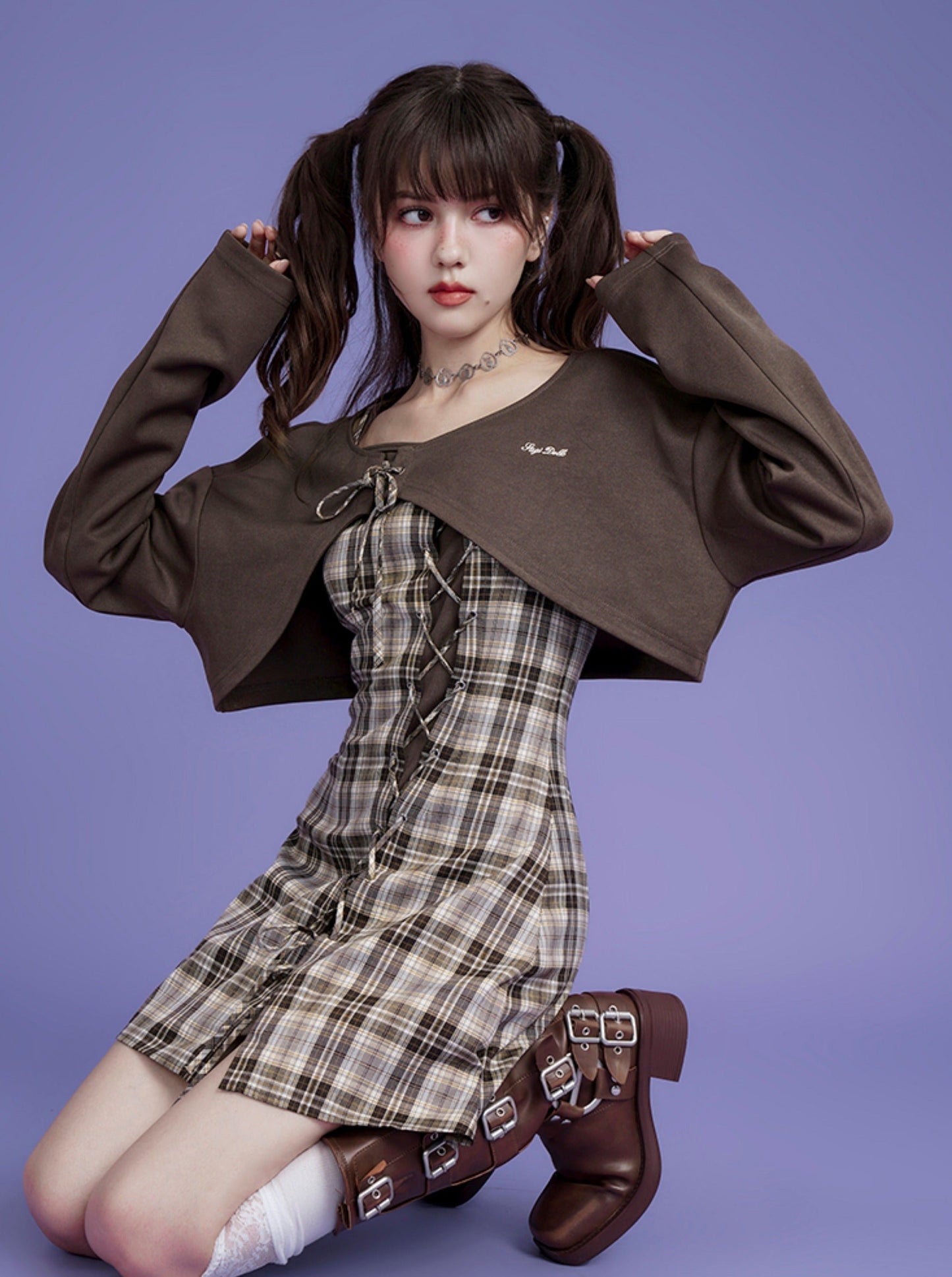 Logo Sweat Top + Plaid Lace Up Camisole Dress