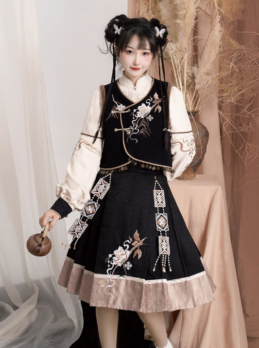 Exotic Flower Vest + Flare Skirt + Balloon Sleeve Blouse + Shoulder Bag