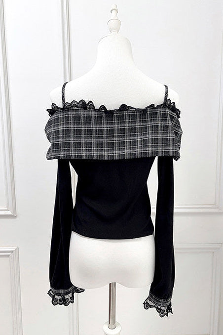Off-shoulder Lace Ribbon Strap Knit Top