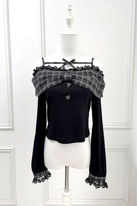 Off-shoulder Lace Ribbon Strap Knit Top