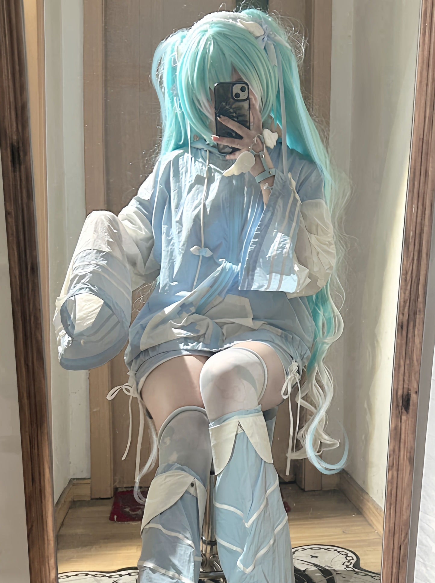 [angel Style] Aqua Angel Subculture Hooded Hoodie + Ribbon Shorts + Leg Warmers