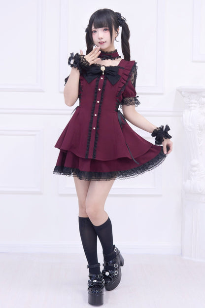 Jirai Stripe Lace Puff Sleeve Top + Short Skirt