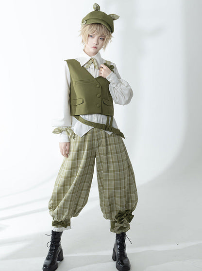 Secret Morning Post Green Tea Color Retro Sweet Cool Vest Shirt Cropped Pants