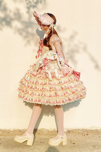 [pre-order Deadline: April 30] Sweet Pink Lolita Lace Ribbon Tiered Ruffle Princess Dress