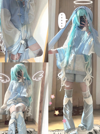 [angel Style] Aqua Angel Subculture Hooded Hoodie + Ribbon Shorts + Leg Warmers