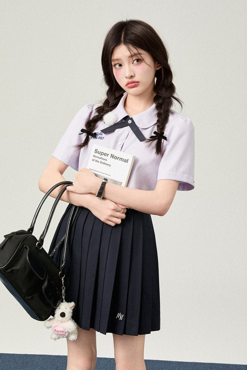Flower Bell Tie Short Sleeve Shirt + Short Skirt + Long Skirt