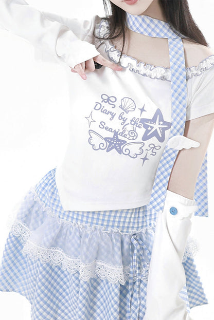 Pastel Sweet Twin T-shirt With Scarf + Puff Skirt + Arm Covers