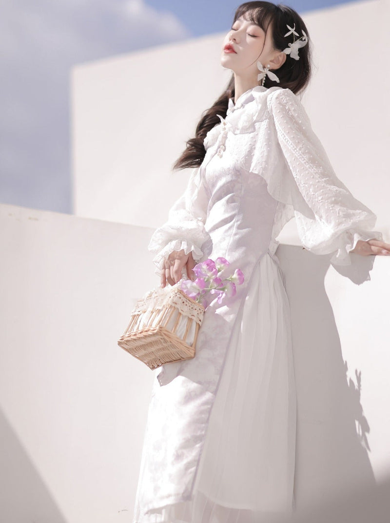Light Purple Flower Chinese-style Dress + Ruffle Sheer Cardigan