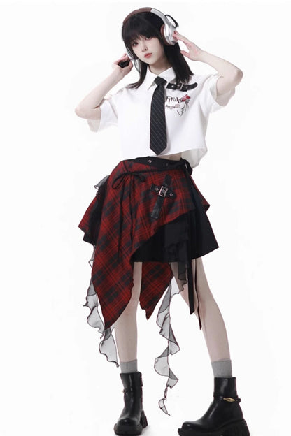 Contrast Shirt + Checkered Skirt + Black Skirt + Wide Pants + Tie