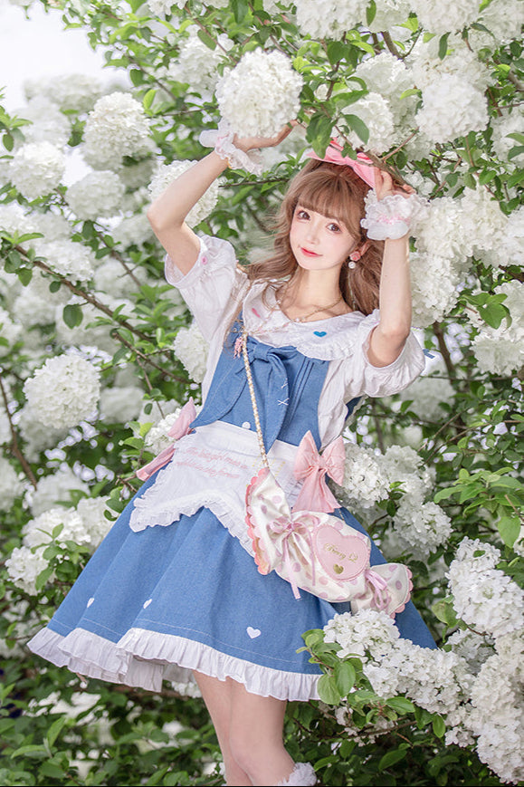 Light Raw Denim Lolita Jumper-skirt + Doll Innerwear + Apron