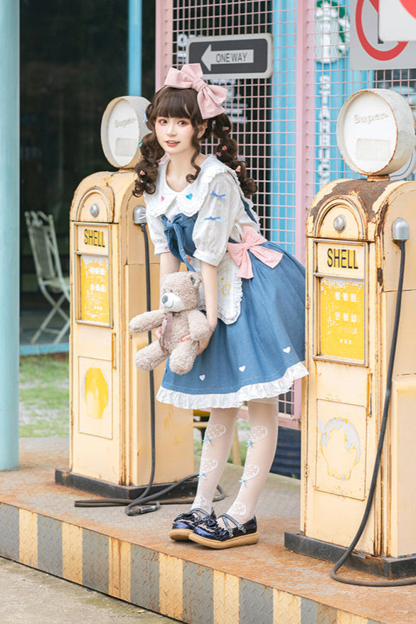 Light Raw Denim Lolita Jumper-skirt + Doll Innerwear + Apron