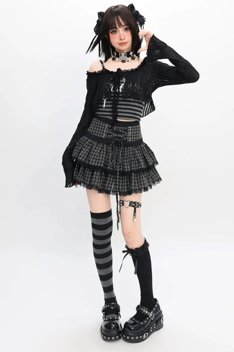Jirai Y2k Dark Top + Lace-up Skirt