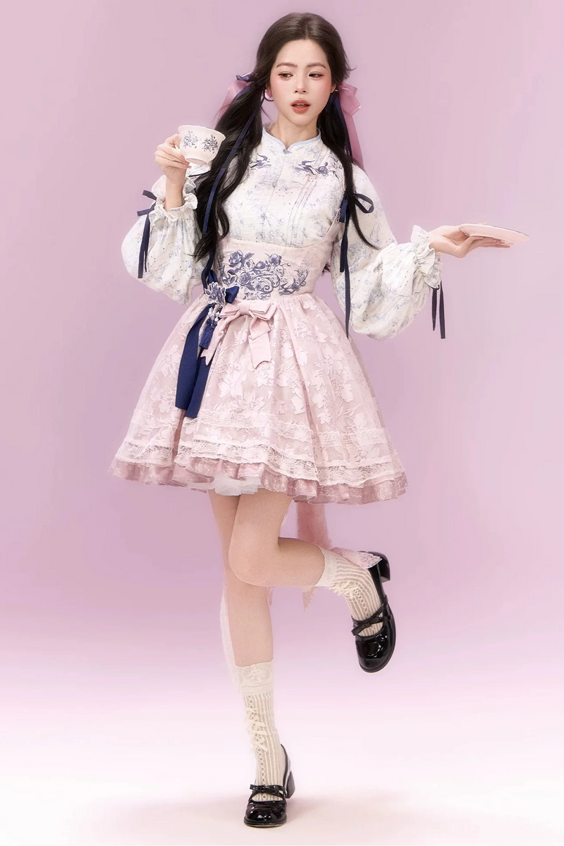 Sweet Chinese-style Dress + Top + Ribbon