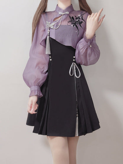 Chinese-style Embroidery Short Top + Suspender Skirt Suit