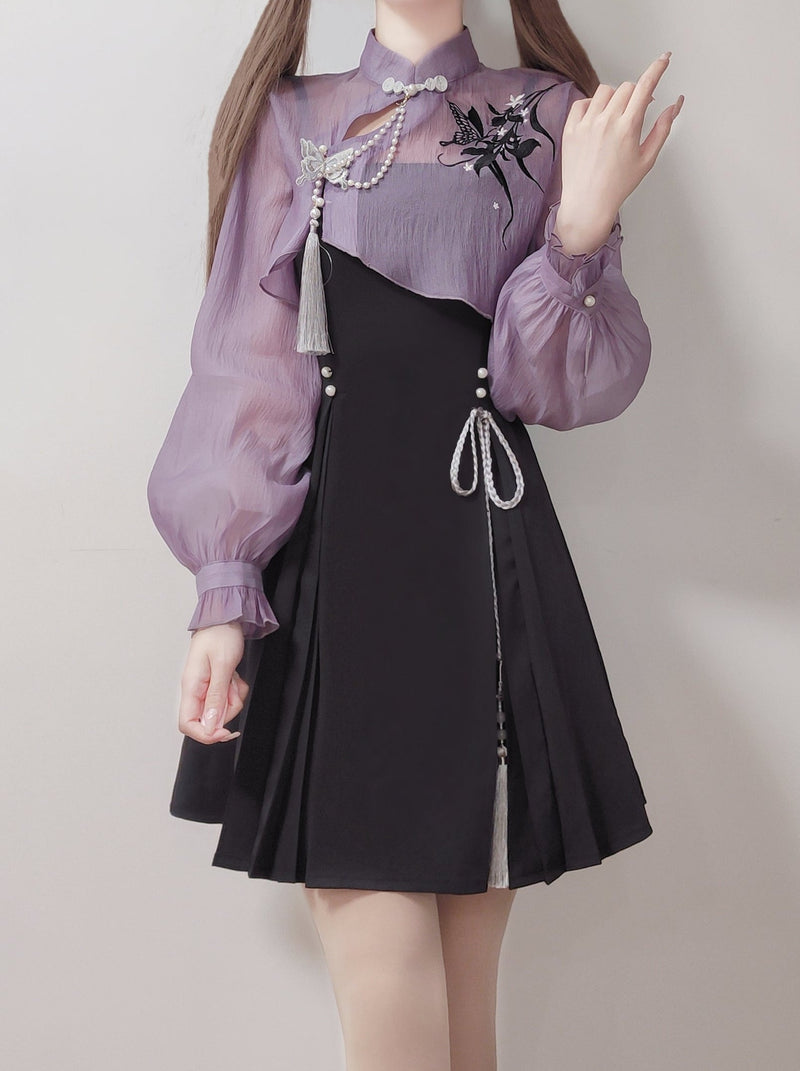 Chinese-style Embroidery Short Top + Suspender Skirt Suit