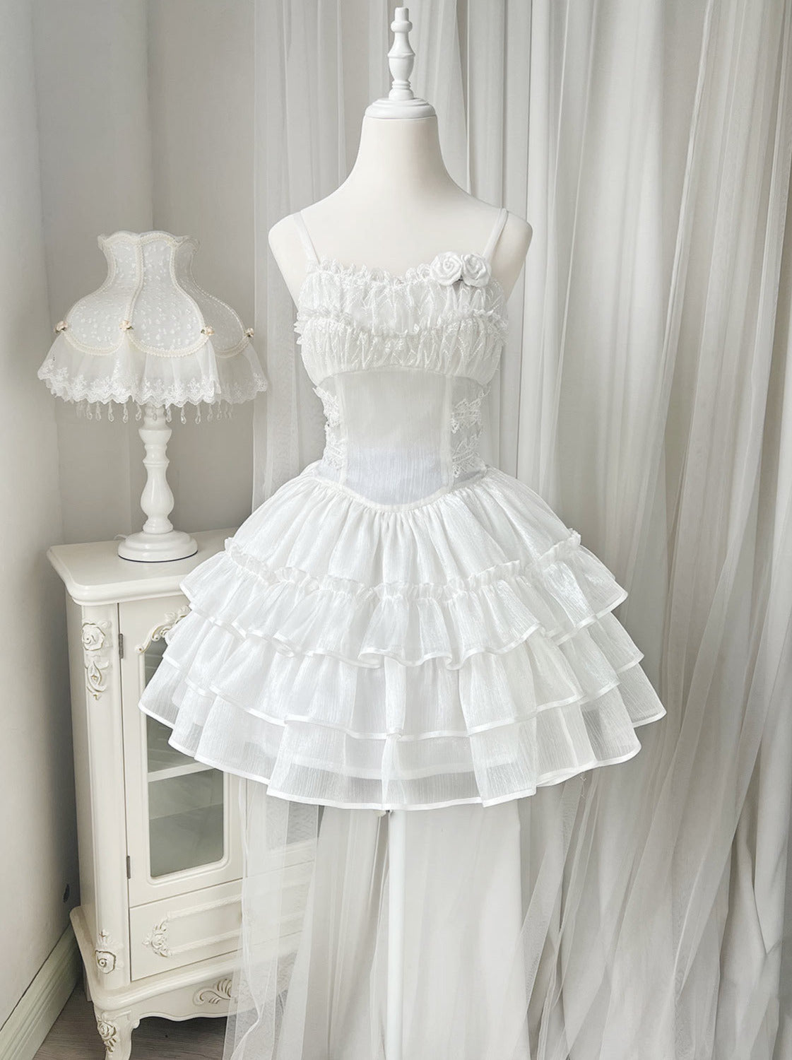Lolita Wedding Rose Lace-up Tiered Bustier & Suspender Dress Set