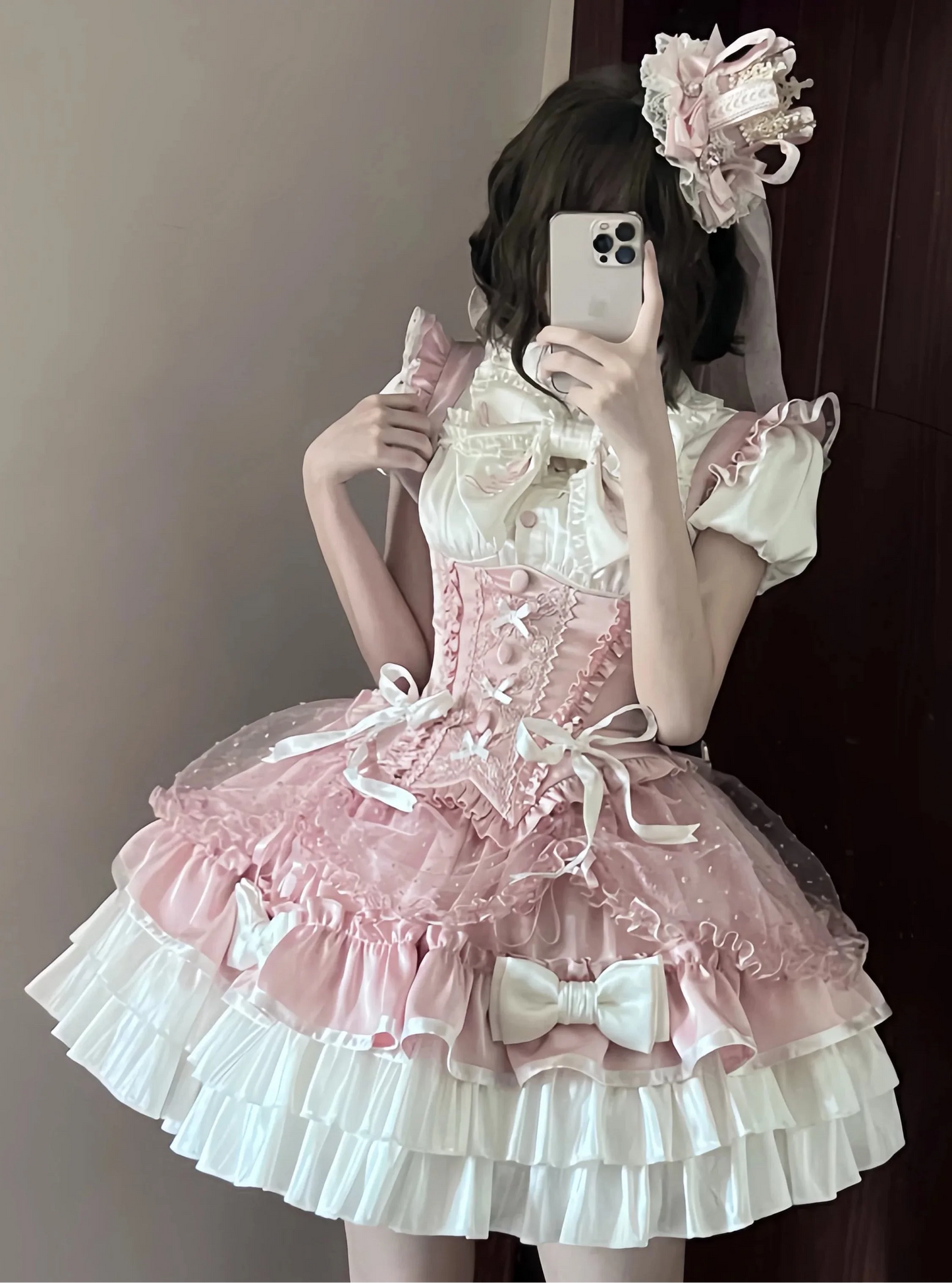 [order Deadline: May 12] Pink White Sweet Lolita Idol Ribbon Puff Sleeve Shirt + Corset Tulle Pull-up Jks Dress Set