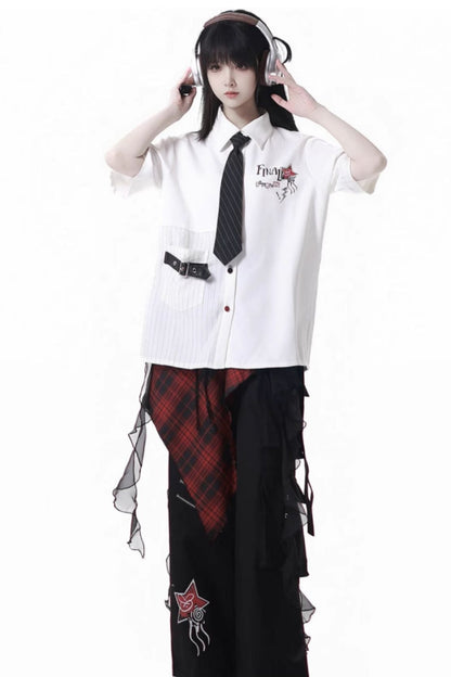 Contrast Shirt + Checkered Skirt + Black Skirt + Wide Pants + Tie