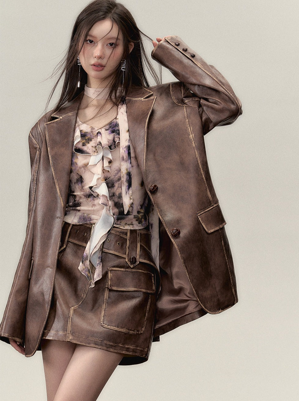 Washed Leather Over Jacket + Short Skirt