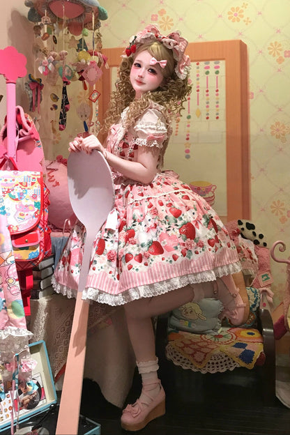 [pre-order Deadline: April 29] Strawberry Rabbit Ear Ribbon Shirt + Ruffled Shoulder Lace Ribbon Jk School Uniform Dress + Full Set/complete Set