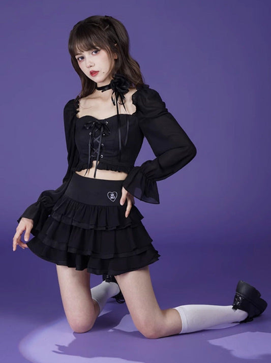 Lace-up Volume Sleeve Short Top + Tiered Skirt